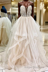 Light champagne tulle lace long Evening Prom Dress tulle formal Dress