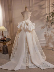 Light Champagne V-Neck Lace Long Evening Prom Dress Weeding Dress