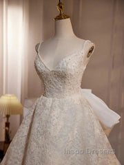 Light Champagne V-Neck Lace Long Evening Prom Dress Weeding Dress