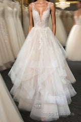 Light champagne v neck tulle lace long Evening Prom Dress, wedding Dress