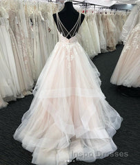 Light champagne v neck tulle lace long Evening Prom Dress, wedding Dress