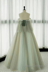Light Green Off Shoulder Tulle Long Evening Prom Dress A-Line Green Party Dress