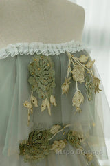 Light Green Off Shoulder Tulle Long Evening Prom Dress A-Line Green Party Dress