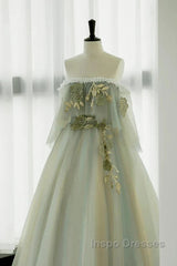 Light Green Off Shoulder Tulle Long Evening Prom Dress A-Line Green Party Dress