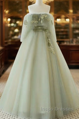 Light Green Off Shoulder Tulle Long Evening Prom Dress A-Line Green Party Dress