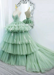 Light Green Tulle Layers Low Back Evening Prom Dress Sweet 16 Dress Quinceanera Dress