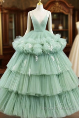 Light Green Tulle Layers Low Back Evening Prom Dress Sweet 16 Dress Quinceanera Dress
