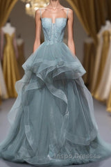Gray Spaghetti Straps Tulle Princess Formal Evening Prom Party Dress Long Formal Evening Prom Dress