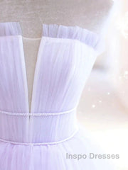 Lilac Purple Strapless Tulle Sheer A Line Evening Prom Dress