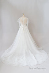 Long A-line Appliques Lace Tulle Wedding Dress with Sleeves