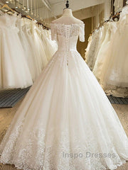Long A-line Off Shoulder Court Train Lace Tulle Wedding Dress with Sleeves