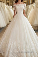 Long A-line Off Shoulder Court Train Lace Tulle Wedding Dress with Sleeves