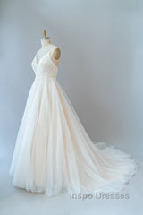 Long A-line Spaghetti Strap Lace Tulle Backless Wedding Dress