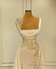 Long A-Line Square Neckline Satin Ivory Evening Prom Dress With Slit