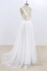 Long A-line V-neck Lace Tulle Open Back Wedding Dress