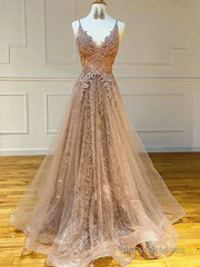 Long A-line V-neck Lace Tulle Prom Formal Graduation Evening Dresses