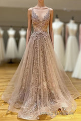 Long A-line V-neck Lace Tulle Evening Prom Formal Graduation Evening Prom Dress