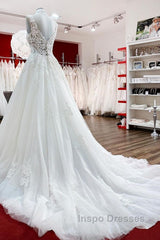 Long A-line V-neck Tulle Lace White Ruffles Wedding Dress