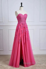 Long Fuchsia Evening Prom Dress Strapless A-Line Floral Formal Wear Slit