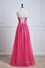 Long Fuchsia Evening Prom Dress Strapless A-Line Floral Formal Wear Slit