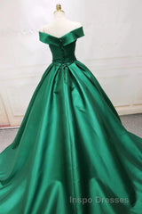 Long Green Satin V-neck Ball Gowns Evening Prom Dress Off The Shoulder