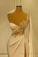 Long Mermaid Asymmetrical Ruffles Beading Satin Evening Prom Dress With High Slit