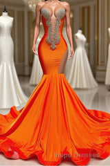 Long Mermaid Deep Sequined V-neck Stretch Satin Backless Evening Prom Dress with Appliques