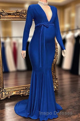 Long Mermaid Deep V-neck Pregnant Formal Evening Prom Dress with Sleeves