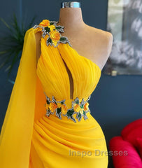 Long Mermaid One Shoulder Beading Tulle Evening Prom Dress with Slit