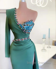 Long Mermaid One Shoulder Front Slit Evening Prom Dress With Sleeves