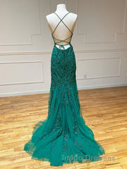 Long Mermaid Strapless Tulle Open Back Lace Formal Evening Prom Dress