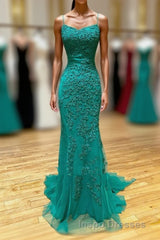 Long Mermaid Strapless Tulle Open Back Lace Formal Evening Prom Dress