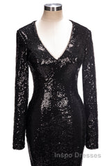 Long Mermaid V-Neck Black Sequins Evening Prom Dress with Sleeves