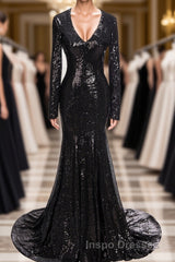 Long Mermaid V-Neck Black Sequins Evening Prom Dress with Sleeves