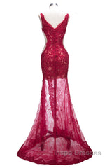 Long Mermaid V-neck Lace Appliques Evening Prom Dress with Slit
