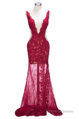 Long Mermaid V-neck Lace Appliques Prom Dresses with Slit