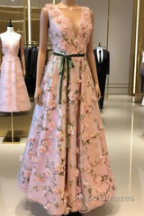 Long Pink 3D Flowers V-Neck Dress