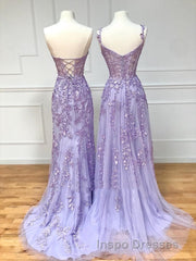 Long Purple Lace Evening Prom Dress,Unique A Line Formal Evening Prom Dress