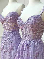 Long Purple Lace Evening Prom Dress,Unique A Line Formal Evening Prom Dress