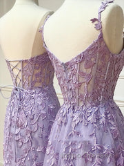 Long Purple Lace Evening Prom Dress,Unique A Line Formal Evening Prom Dress