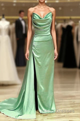 Long Sage Satin Cowl Neck Bridesmaid Dress