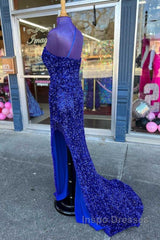 Long Sequin Evening Prom Dress  Royal Blue Formal Dress One-Shoulder