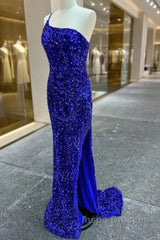 Long Sequin Evening Prom Dress  Royal Blue Formal Dress One-Shoulder