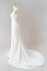 Long Sheath  Illusion Lace Wedding Dress with Cap Sleeve