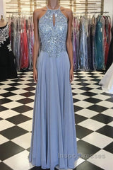 Long Silver Chiffon Evening Prom Dress Halter Evening Gowns  New Arrival