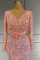 Long Sleeve Pink Mermaid Sequin Evening Prom Dress