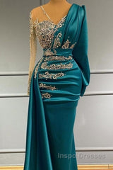 Long Sleeve Sheer Beading Ruched Satin Green Trumpet Mermaid Evening Prom Dress