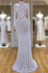 Long Sleeve White Sequin Pleated Long Evening Prom Dress
