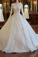Long Sleeved Ball Gown Satin Wedding Dress With Lace Flowers