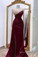 Long Sleeves Evening Prom Dress Mermaid Satin Split